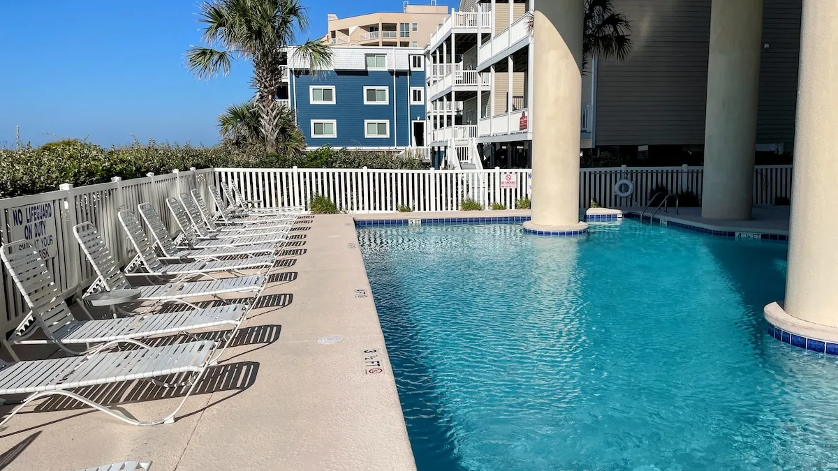 The sundeck spans the entire length of the pool. Pool chairs are available to use on a first-come, first-serve basis.